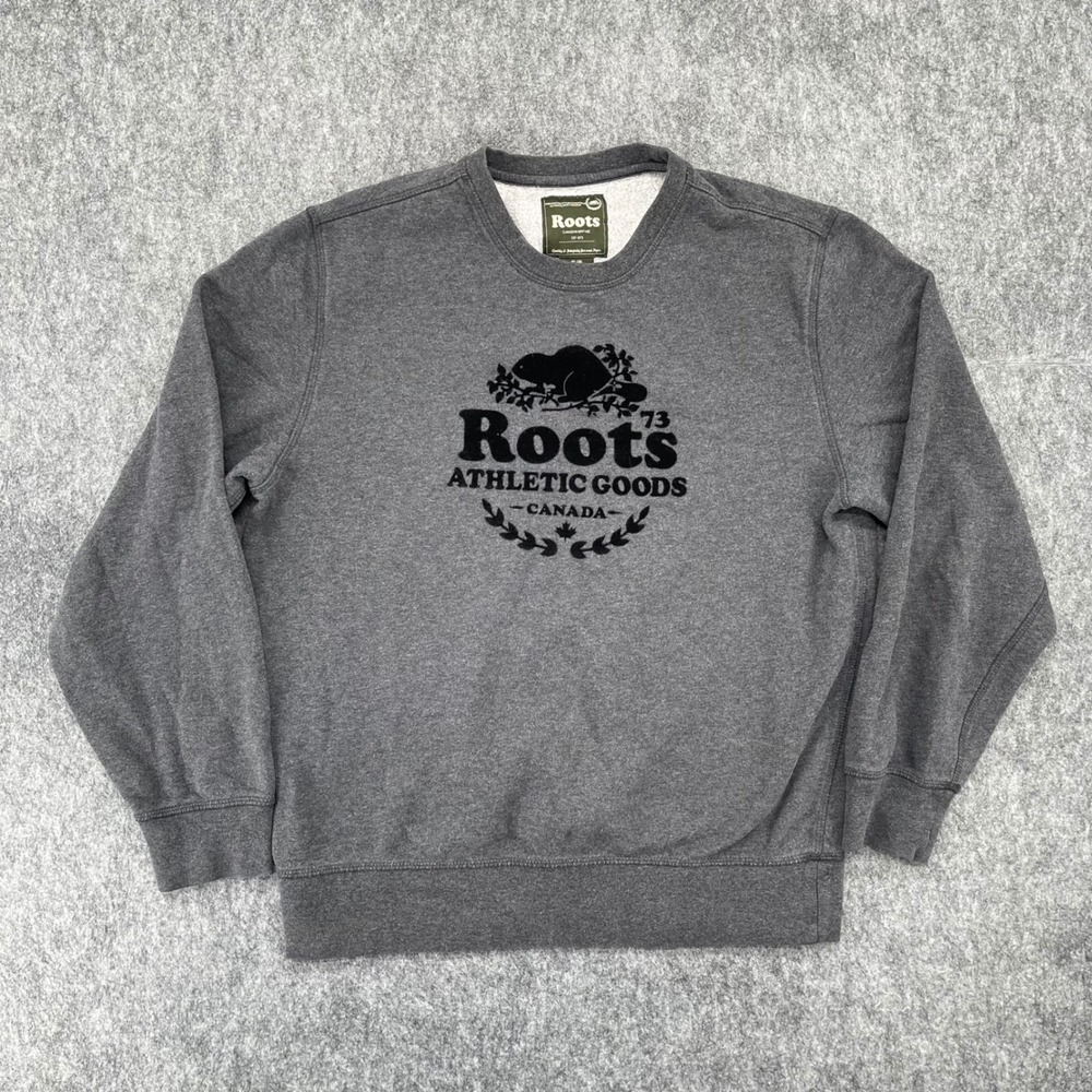 Roots Sweatshirt Mens Small Grey Fleece Logo Athletic Goods Canada Crewneck